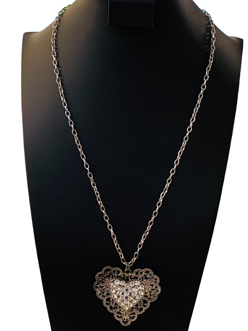 Silvertone Heart Medallion 27" Necklace Dramatic Filagree Look Pendant 2.25" Drop Lobster Clasp