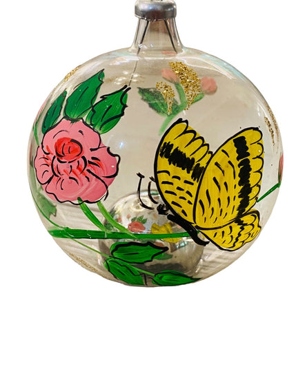 Clear Glass Ornament Tabletop or Hanging Handpainted Butterfly Flower Glitter 3.25" Diameter