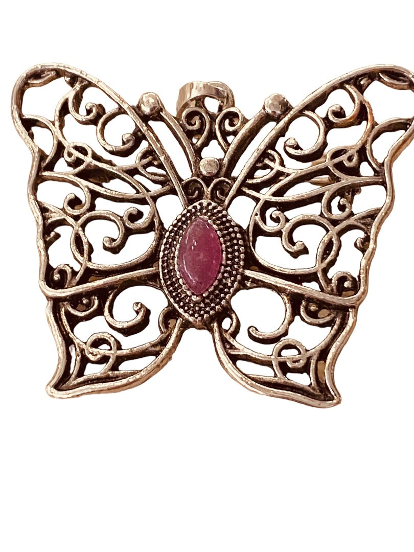 Silvertone Butterfly Pendant Brooch Purple Jewel 1.5" Filigree Style