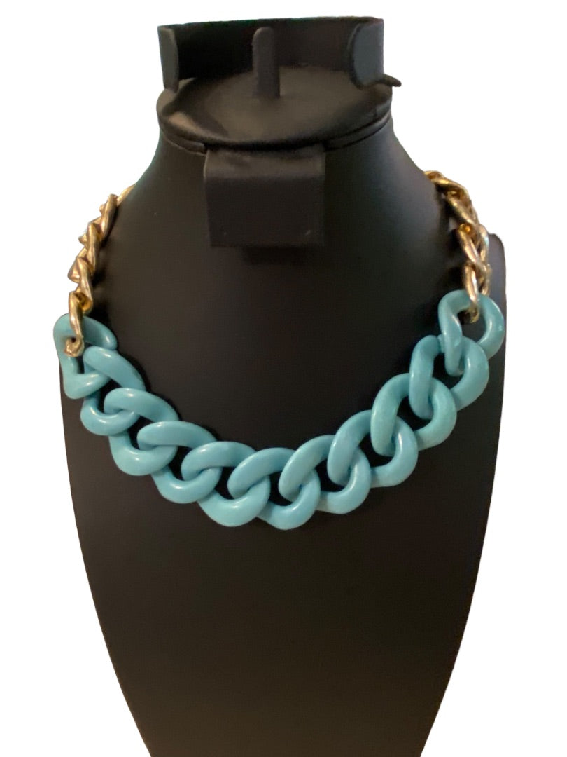 Chunky Acrylic Faux Turquoise and Goldtone 18-21" Statement Necklace