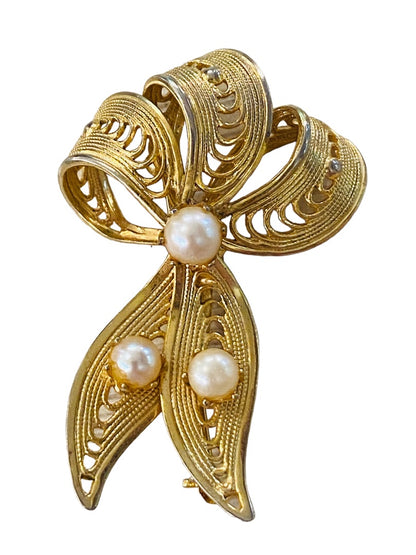 Vintage Goldtone and Faux Pearl Vintage Brooch Filigree Ribbon Shape 1.75"