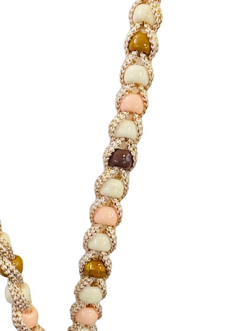 Braided Plastic Bead Necklace 32" Overhead Goldtone Pink Brown Lightweight 5" Tassel