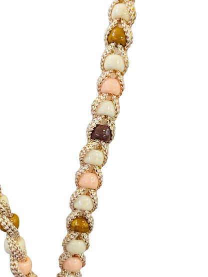 Braided Plastic Bead Necklace 32" Overhead Goldtone Pink Brown Lightweight 5" Tassel