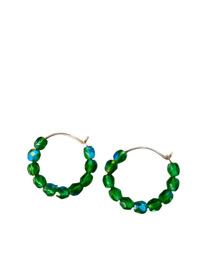 Pierced Silvertone Green Beaded Hoop Earrings Pierced Latch Back .8" Diameter