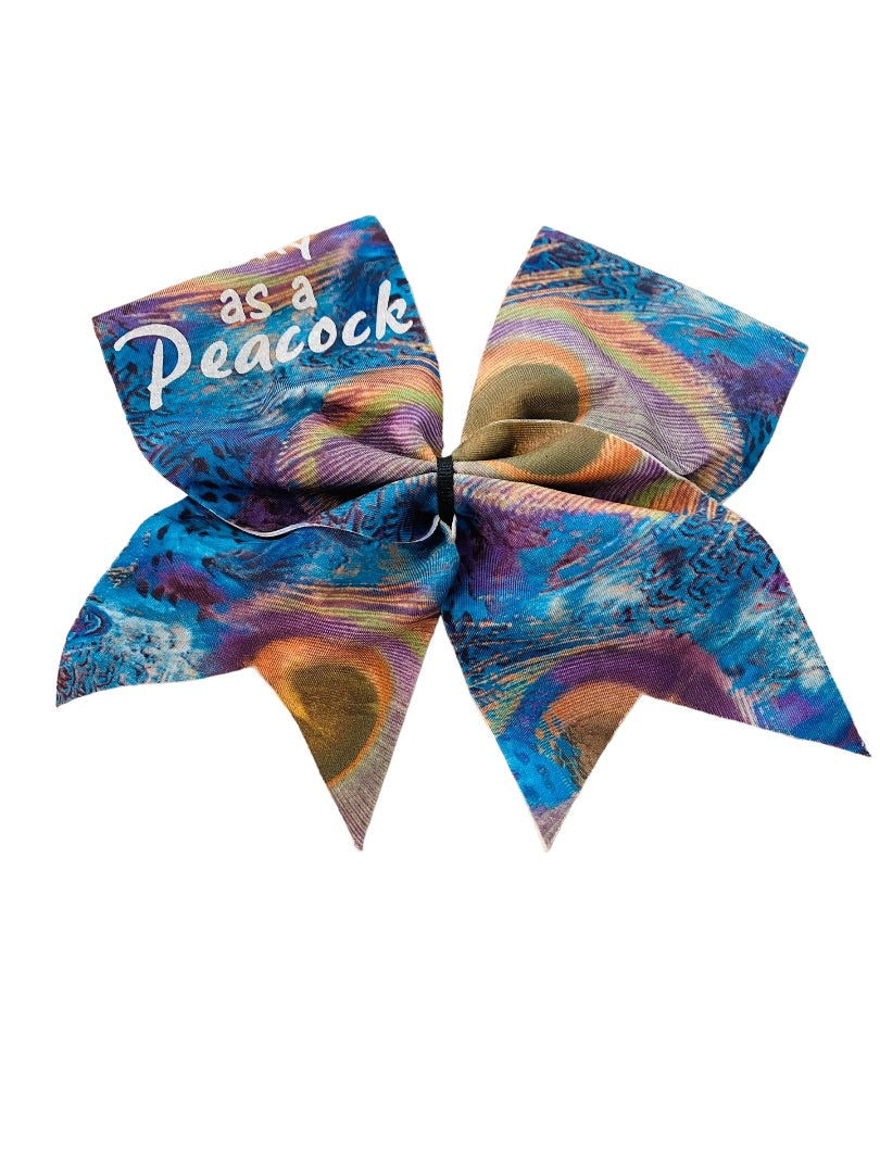 Girls Oversize Hair Bow 6.5" Elastic Ponytail Holder "Pretty as a Peacock" Multicolor