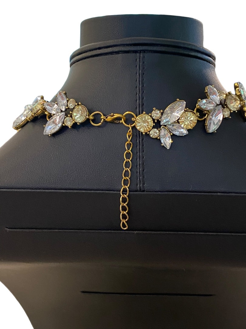 Goldtone Statement Necklace Vine Design Green Clear Faceted Jewels 16-18" Lays Flat