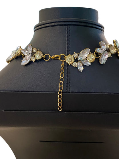 Goldtone Statement Necklace Vine Design Green Clear Faceted Jewels 16-18" Lays Flat