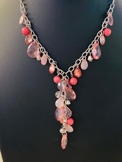 Silvertone Necklace Pink and Mauve Acrylic Faceted Beads 16-19" with 3" Drop