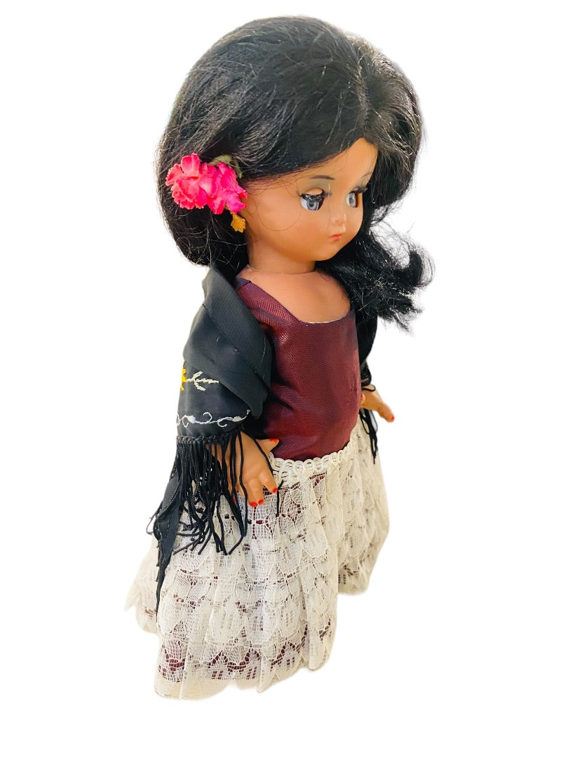 Mexican Girl Doll Sleep Awake Following Eyes 11"H Dress Shawl Earrings