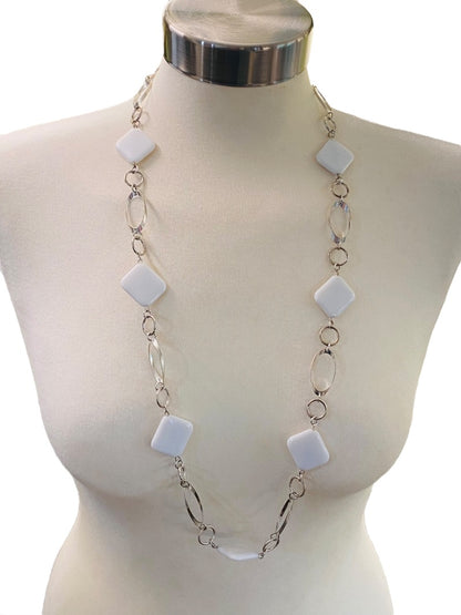 Silvertone and White Acrylic Square Necklace Overhead 34" Lightweight