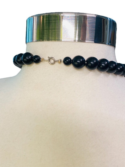 Chunky Black Graduated Bead Necklace Vintage 1990s Silvertone 35" Spring Clasp
