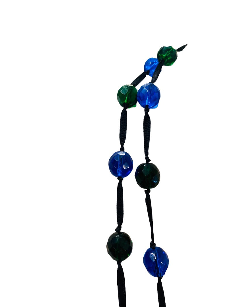 Blue Green Black Knotted Ribbon Necklace Faceted Beads 48" Oversize Spring Clasp