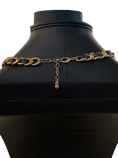 Goldtone and Black Cord Chunky Dual Strand Chain Necklace 17-19" Lobster Clasp