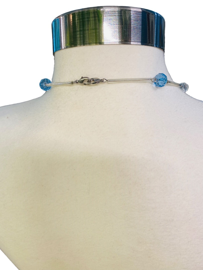 Silvertone Blue Aqua Beaded Overhead 36" Strand String Necklace