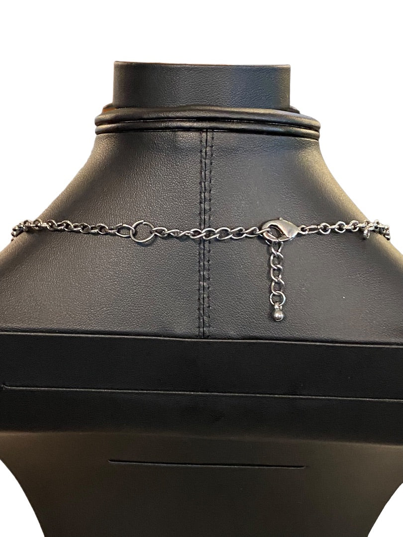 Dark Silvertone Blue Beaded Layered Necklace Floral 19" Lobster Clasp