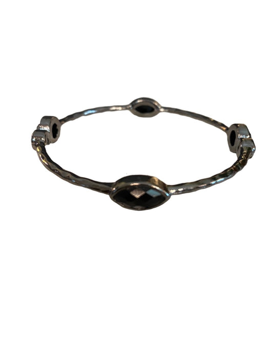 Pewter Color Bangle Bracelet Black Faceted Glass Jewels 2.5" Inside Diameter