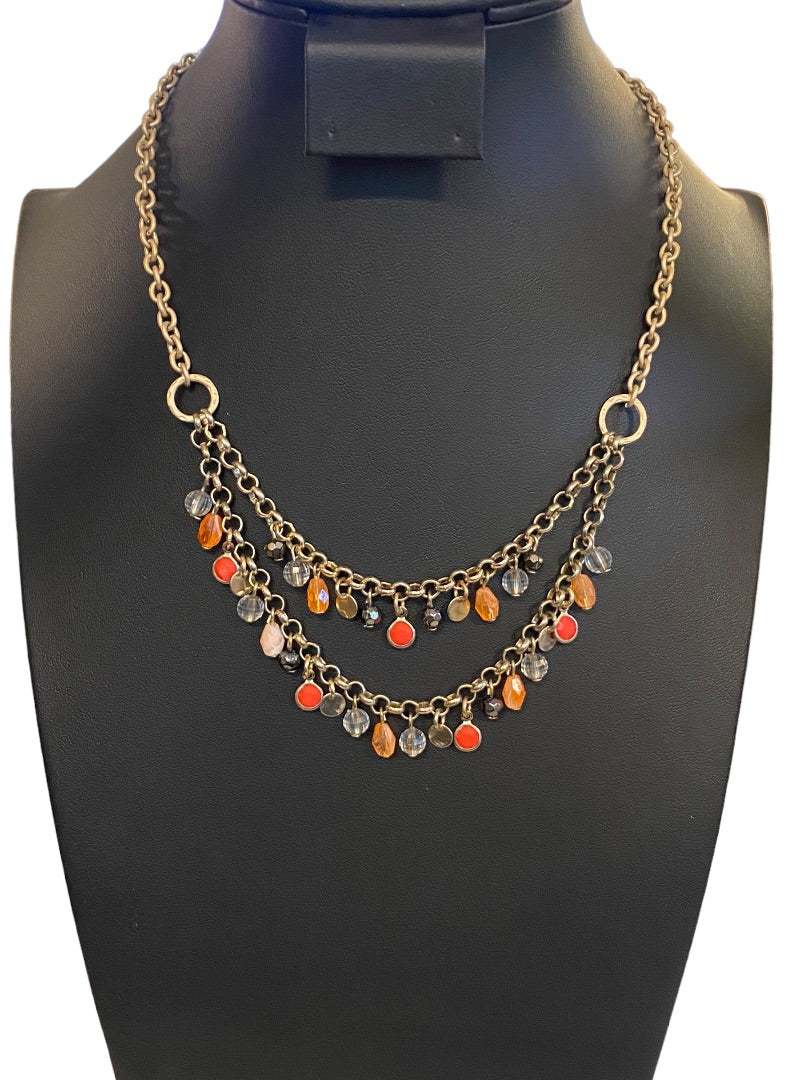 Brushed Goldtone Beaded Double Strand Necklace 17.5"Beaded 3" Drop