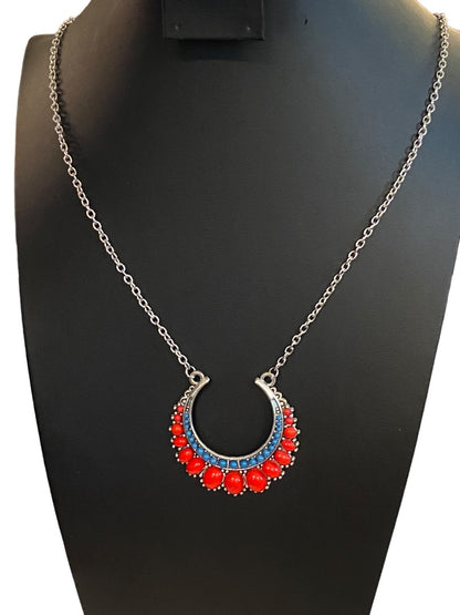 Silvertone Pendant Necklace Statement 33" Red Teal Beaded Pendant (2")