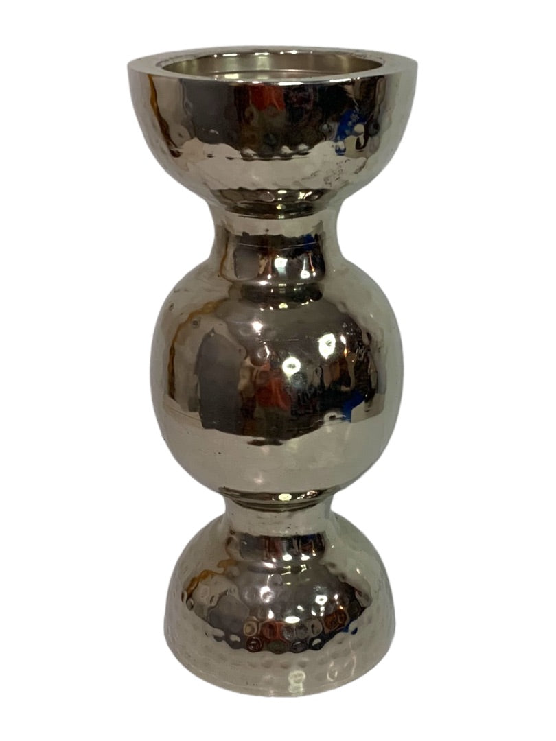 Textured Silvertone Hollow Metal Pillar Candle Stand 14"H