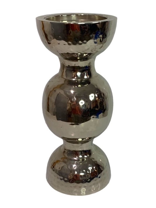 Textured Silvertone Hollow Metal Pillar Candle Stand 14"H