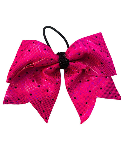 Girls Oversize Hair Bow 6.5" Elastic Ponytail Hot Pink Black Dots Gilttery Shiny