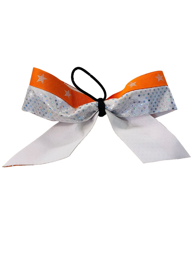 Girls Oversize Hair Bow 8" Elastic Ponytail Silver Orange Star Print