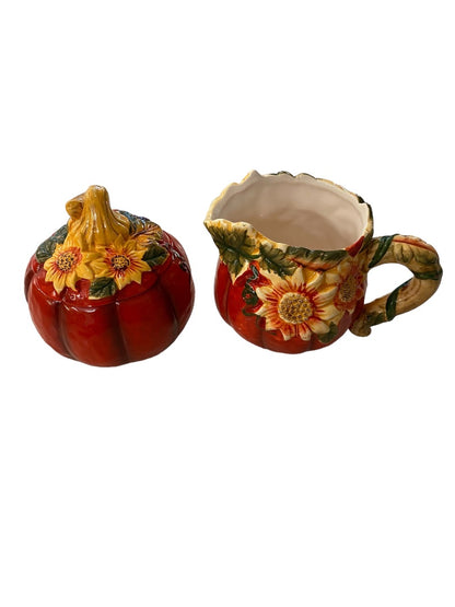 Country Road Ceramic Creamer and Lidded Sugar Bowl Pumpkin Fall Autumn