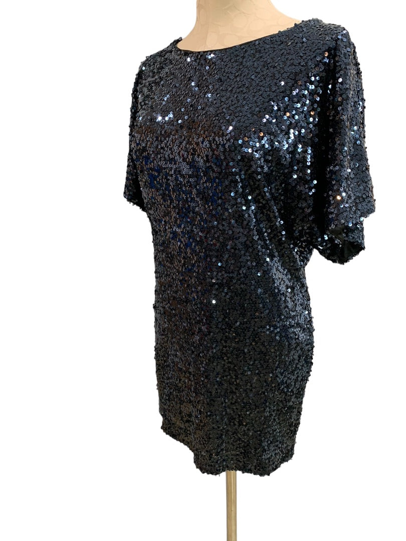 Size 2 Aidan Mattox Navy Blue Short Sleeve Mini Shift Dress Sequins