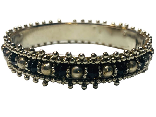 Silvertone Black Beaded Bangle Bracelet 2.25" Inside Diameter Small .5" Thick