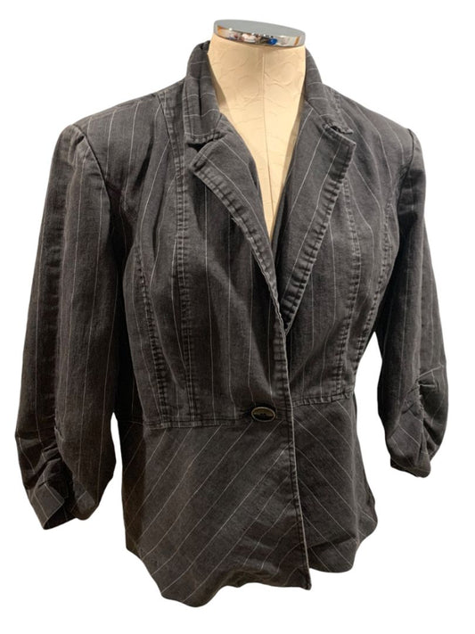 XL Robert Louis Womens Casual Stretch Cotton Gray Pinstripe Blazer Jacket 3/4 Sleeve