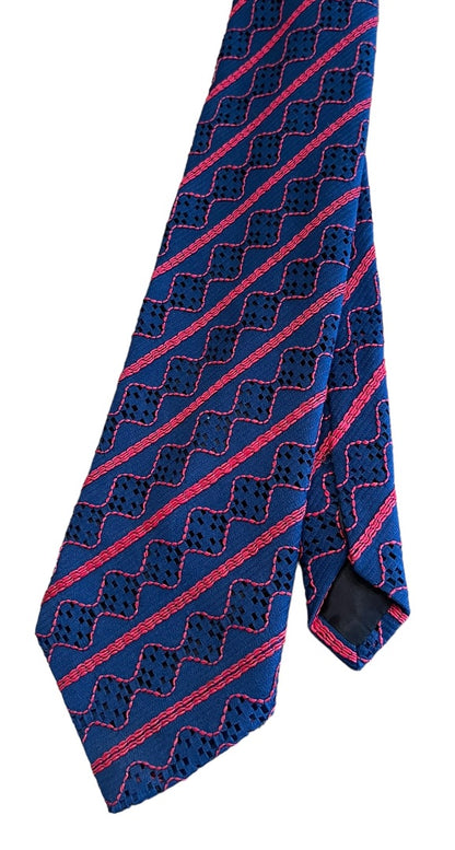 Vintage 1970s Mens Necktie Tie Navy Blue Red Texturized  100% Polyester 55" Length