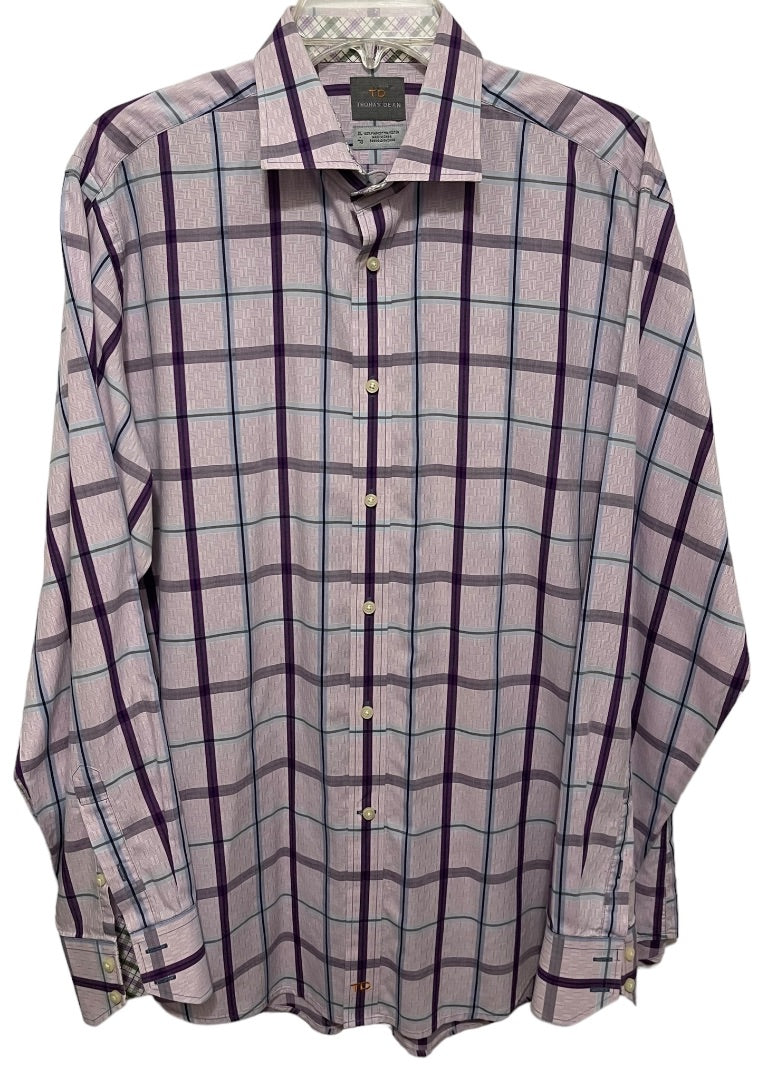 XL Thomas Dean 100% Pima Cotton Mens Plaid Dress Shirt Purple Long Sleeve