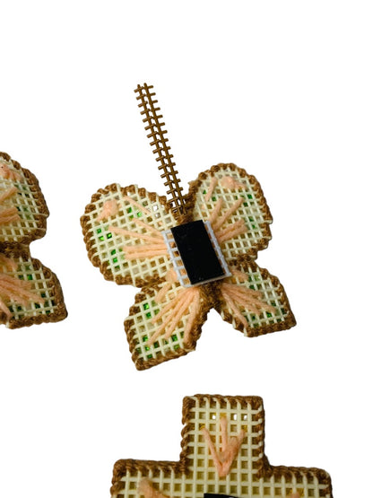 Handmade Vintage 1980s Plastic Cross Stitch Magnets Butterfly Cross Basket Sequin