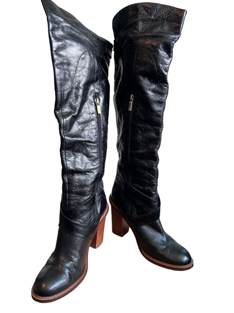 Size 8M Boutique Women's Charissa Black Leather Over the Knee Buckle Heeled Boots Boot