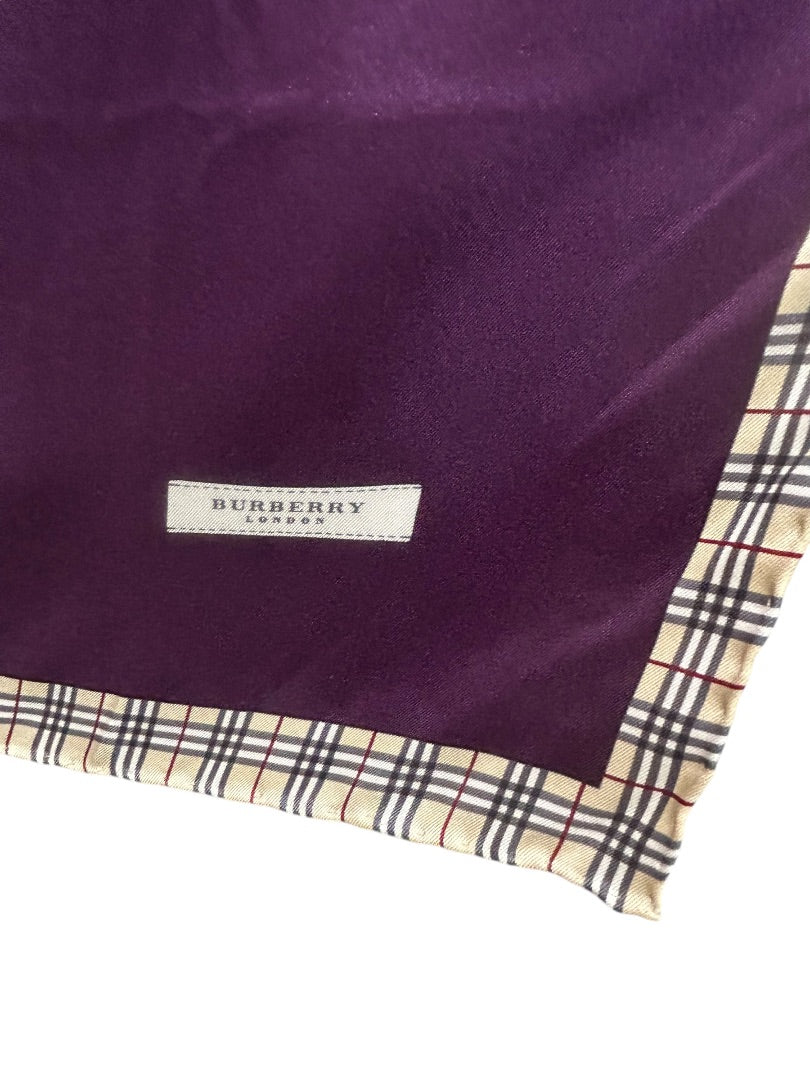 Burberry London Silk Scarf Purple New 22.5" Square Rolled Edge Plaid Trim