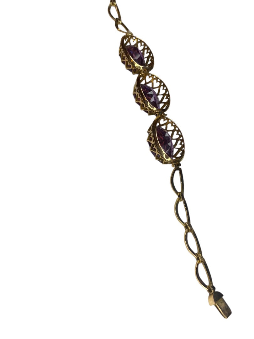 14k Yellow Gold Synthetic Amethyst Bracelet Vintage Jewelry Heart Filigree Setting 7.5"