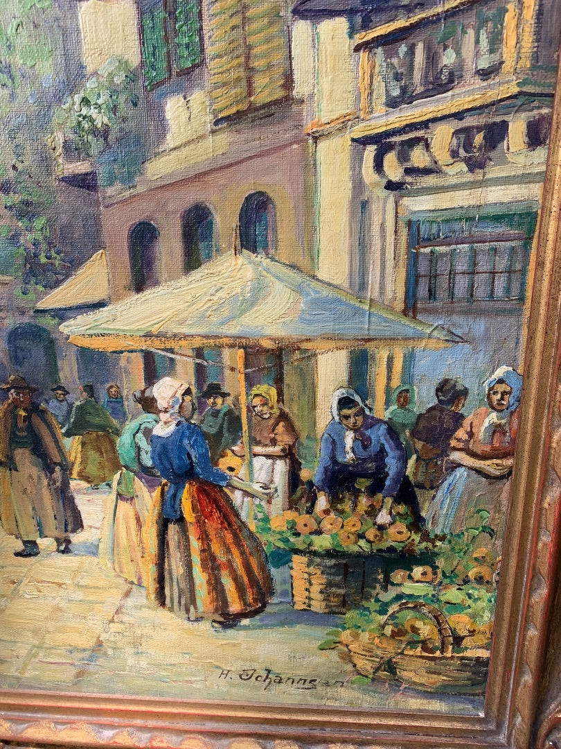 H Johanns Oil Painting on Canvas Market Day Town Square Signed 33.5" x 45.5" Framed