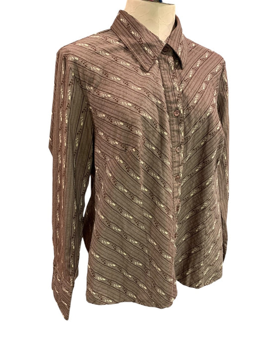 Size 14/16 Lane Bryant Womens Brown Print Stretch Button Up Shirt Blouse Floral Stripe