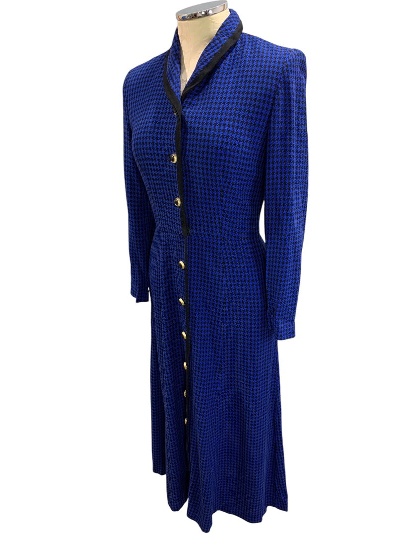 Size 6 Talbots Button Up Vintage 1980s Dress Blue Houndstooth Pockets