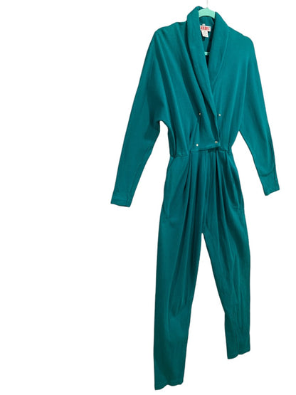 Small FADS 1980s Womens Teal Knit Jumpsuit Snap Bodice Pockets