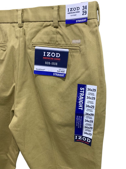 34 x 29 Izod Mens New American Chino Flat Front Straight Leg Cotton Khaki