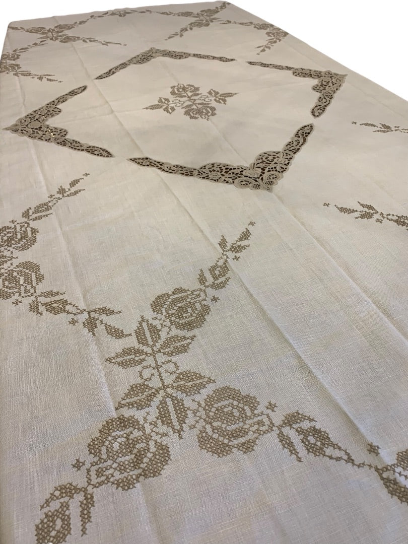 Vintage Tablecloth Embroidered Taupe Floral 66 x 83 Inches Scalloped Edge