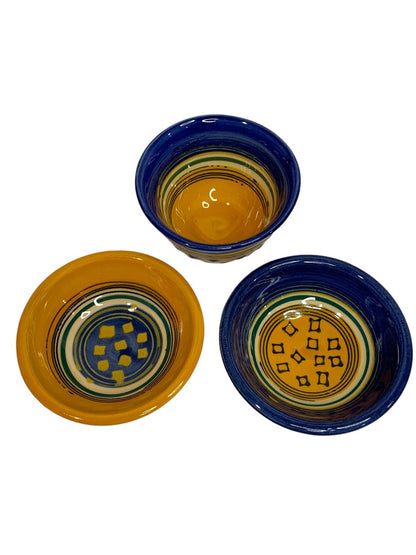 Small Signed Art Pottery MCF Yellow Blue Set of 3 Bowls