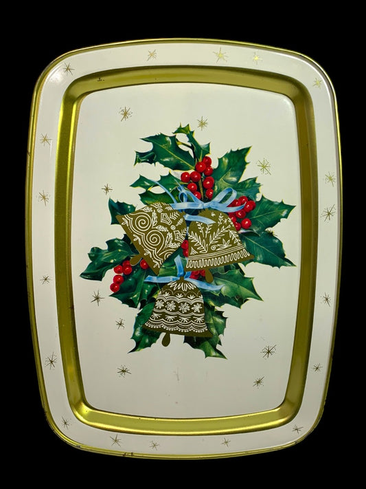 Vintage Holiday Christmas Metal Serving Tray 15 x 11 Inch Starburst Bells