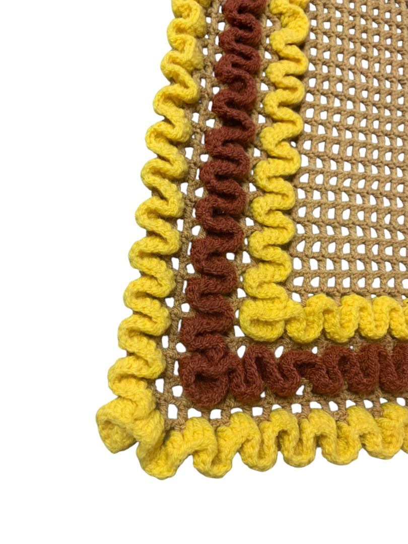 Vintage 1970s Handmade Crocheted Dresser Scarf runner Yellow Brown 29x17 Inches