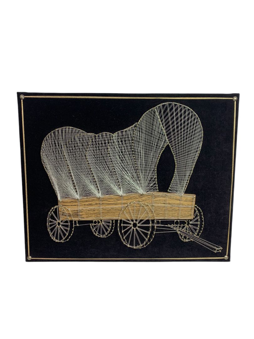 Vintage Covered Wagon Gold String Art Wall Hanging Retro 70s Kitsch Western MCM