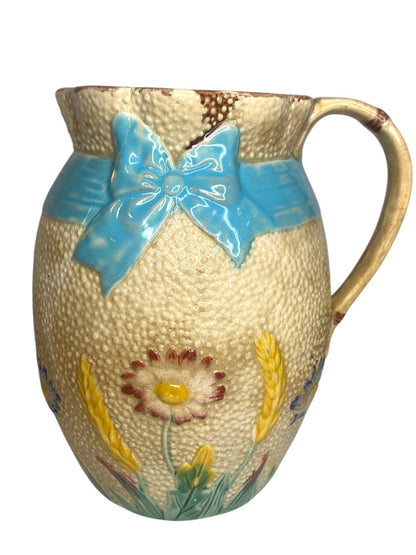 Simon Fielding Majolica Pitcher Ribbon Pattern Antique 8 Inch Wildflower Ribbon