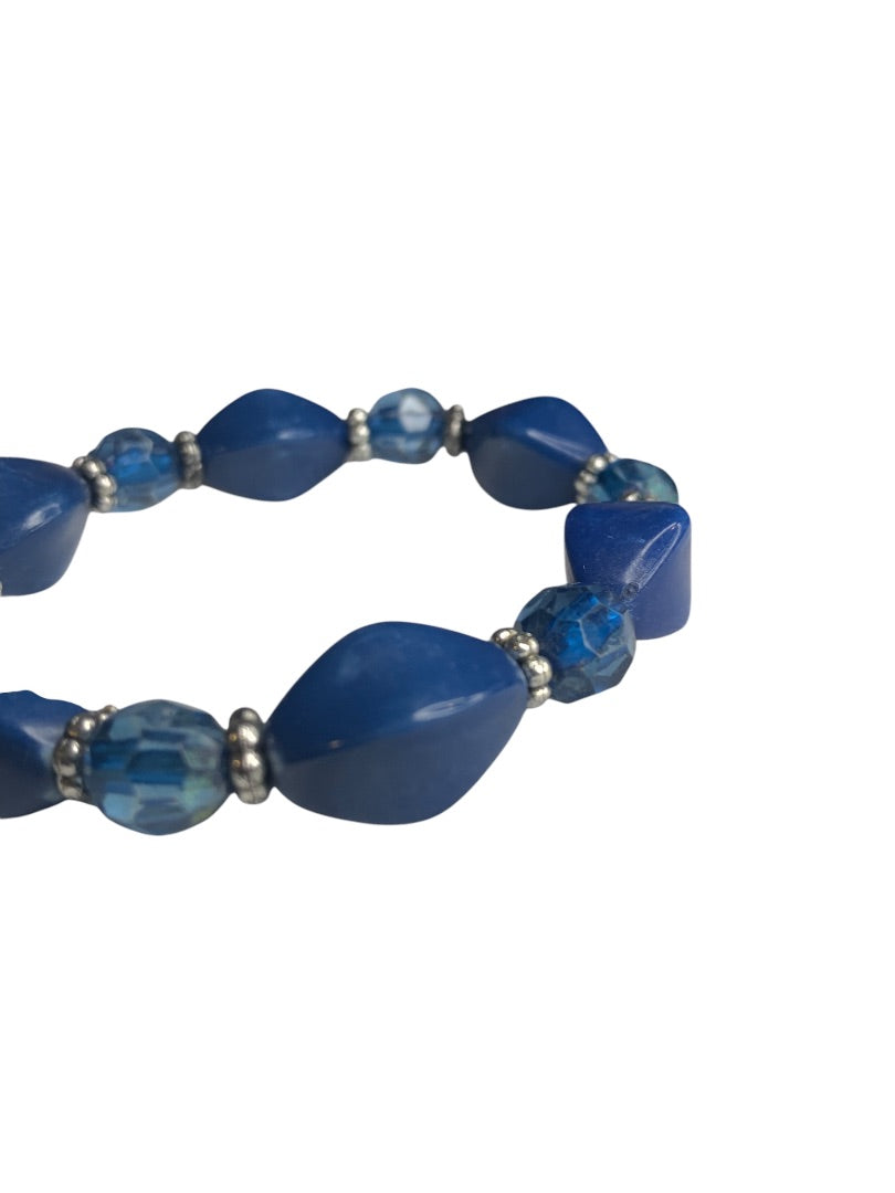 Blue Silvertone Spacers Acrylic  Beaded Stretch Bracelet