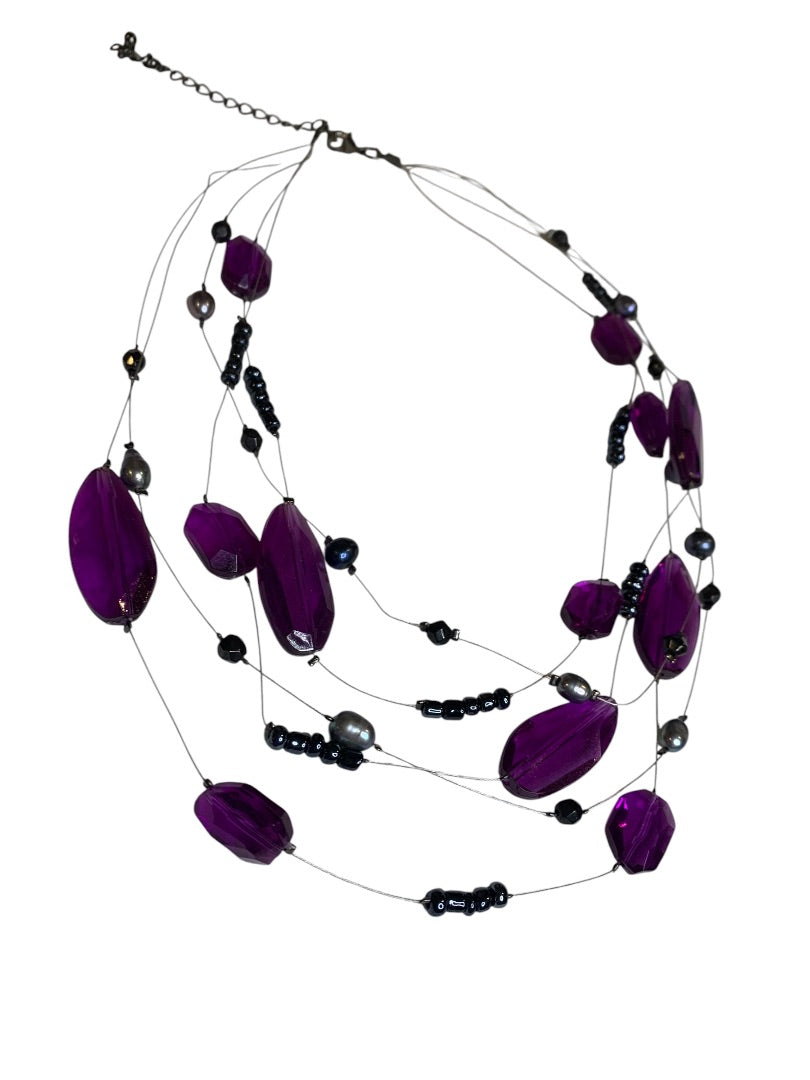 Multistrand Purple Beaded Wire Necklace 16-18 Inch