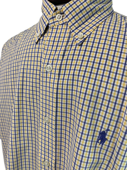 Large Ralph Lauren Mens Blake Button Down Shirt Short Sleeve Yellow Blue Plaid